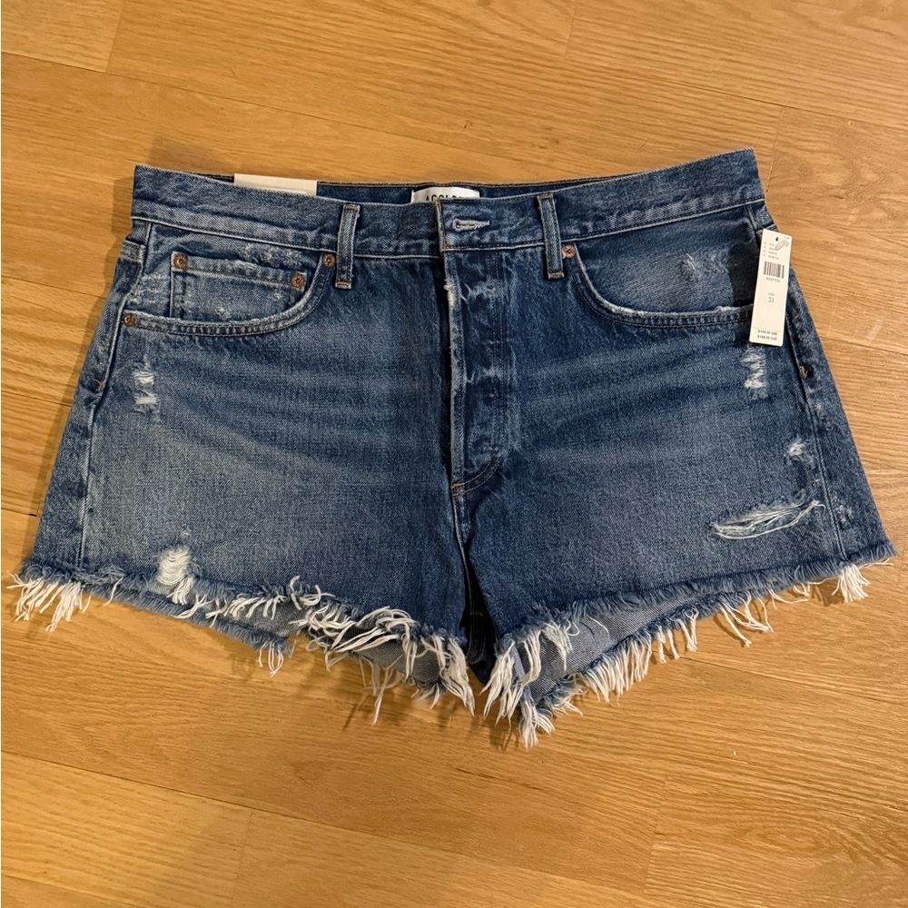 Agolde Dark Blue Frayed Hem Jean Shorts